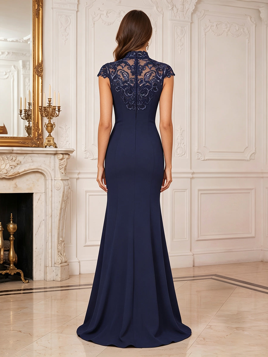 Trumpet/Mermaid High Neck Cap Sleeves Floor-Length Mother of the Bride Dresses with Split Side & Applique