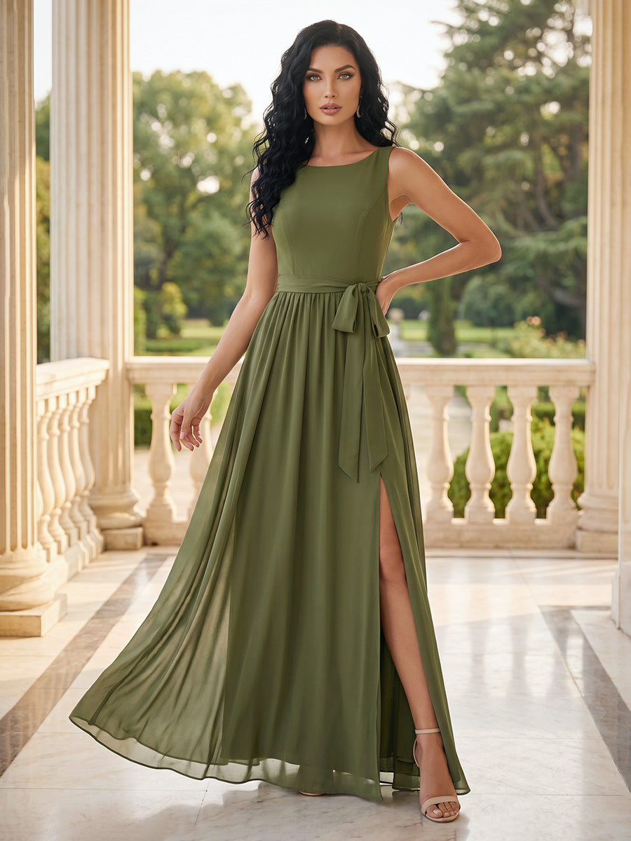 A-Line/Princess Scoop Sleeveless Floor-Length Long Mother of the Bride Dresses with Bowknot & Split Side