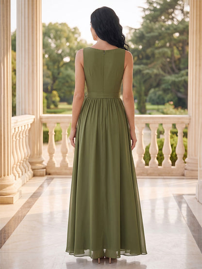 A-Line/Princess Scoop Sleeveless Floor-Length Long Mother of the Bride Dresses with Bowknot & Split Side