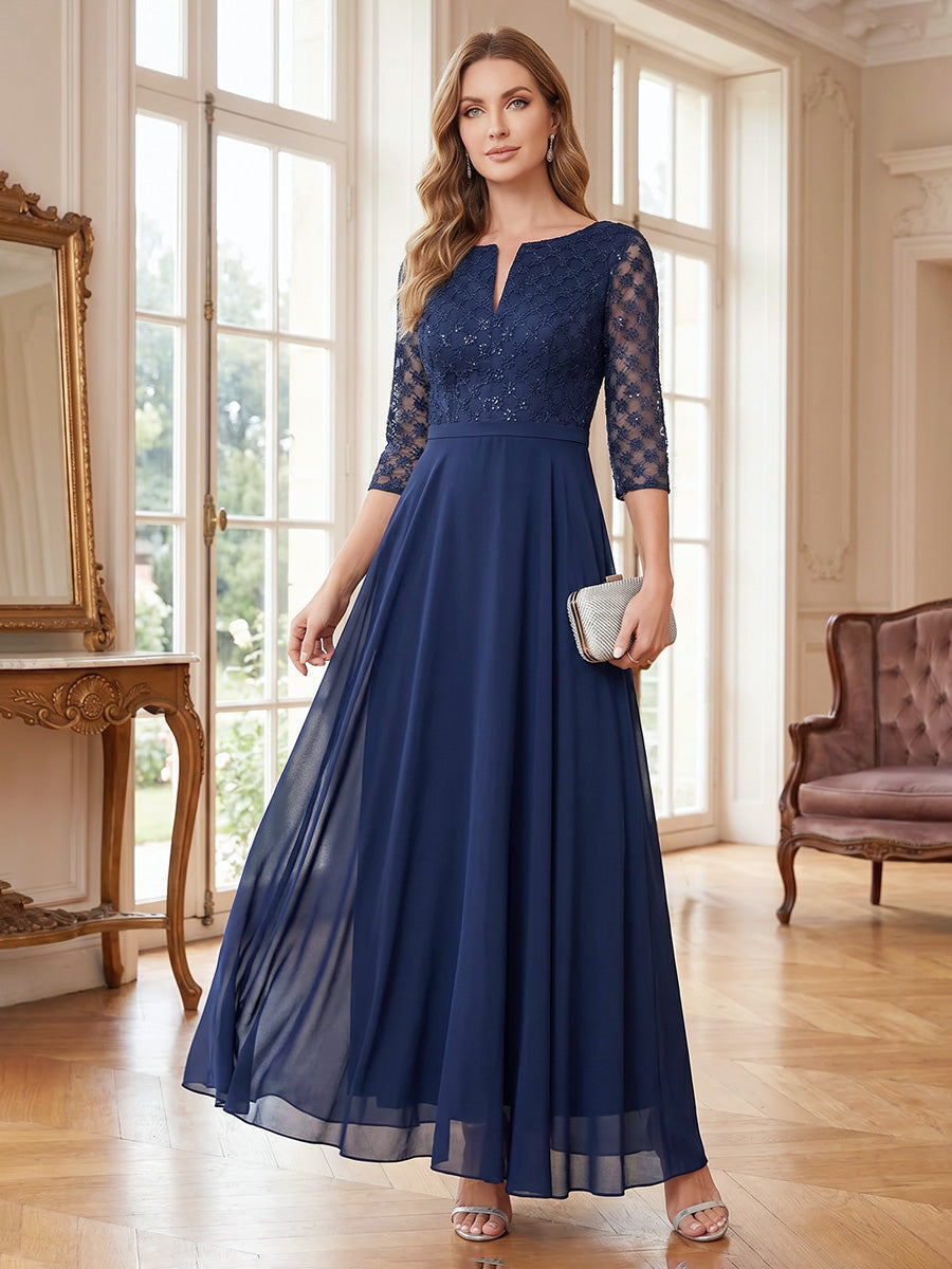 A-Line/Princess V-Neck 3/4 Sleeves Floor-Length Mother of the Bride Dresses with Lace & Applique