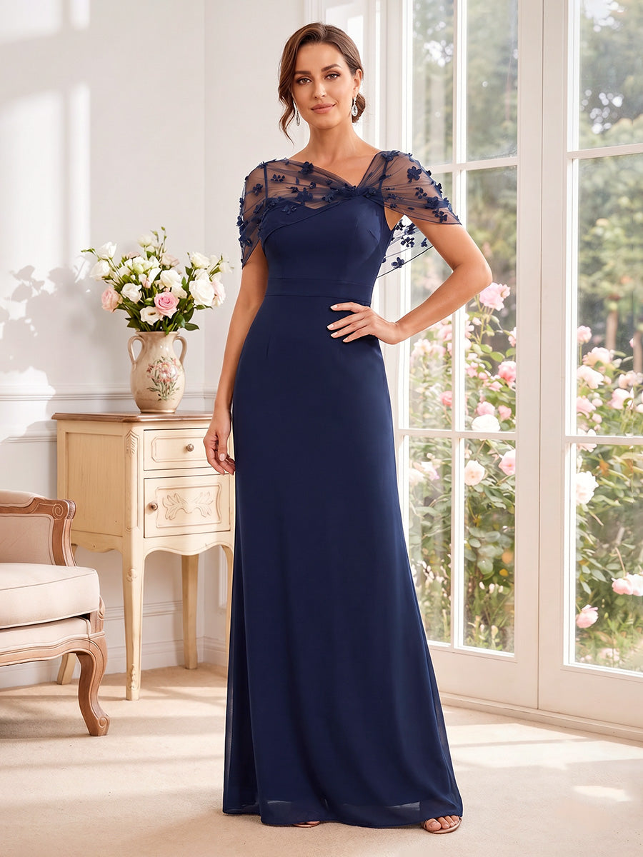 Sheath/Column Asymmetrical Cape Sleeves Floor-Length Mother of the Bride Dresses with 3D Floral & Lace
