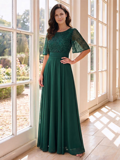 A-Line/Princess Scoop Half Sleeves Floor-Length Mother of the Bride Dresses with Beading & Lace