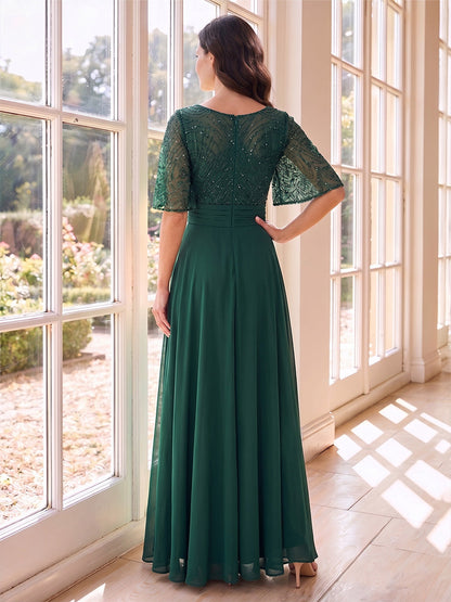 A-Line/Princess Scoop Half Sleeves Floor-Length Mother of the Bride Dresses with Beading & Lace
