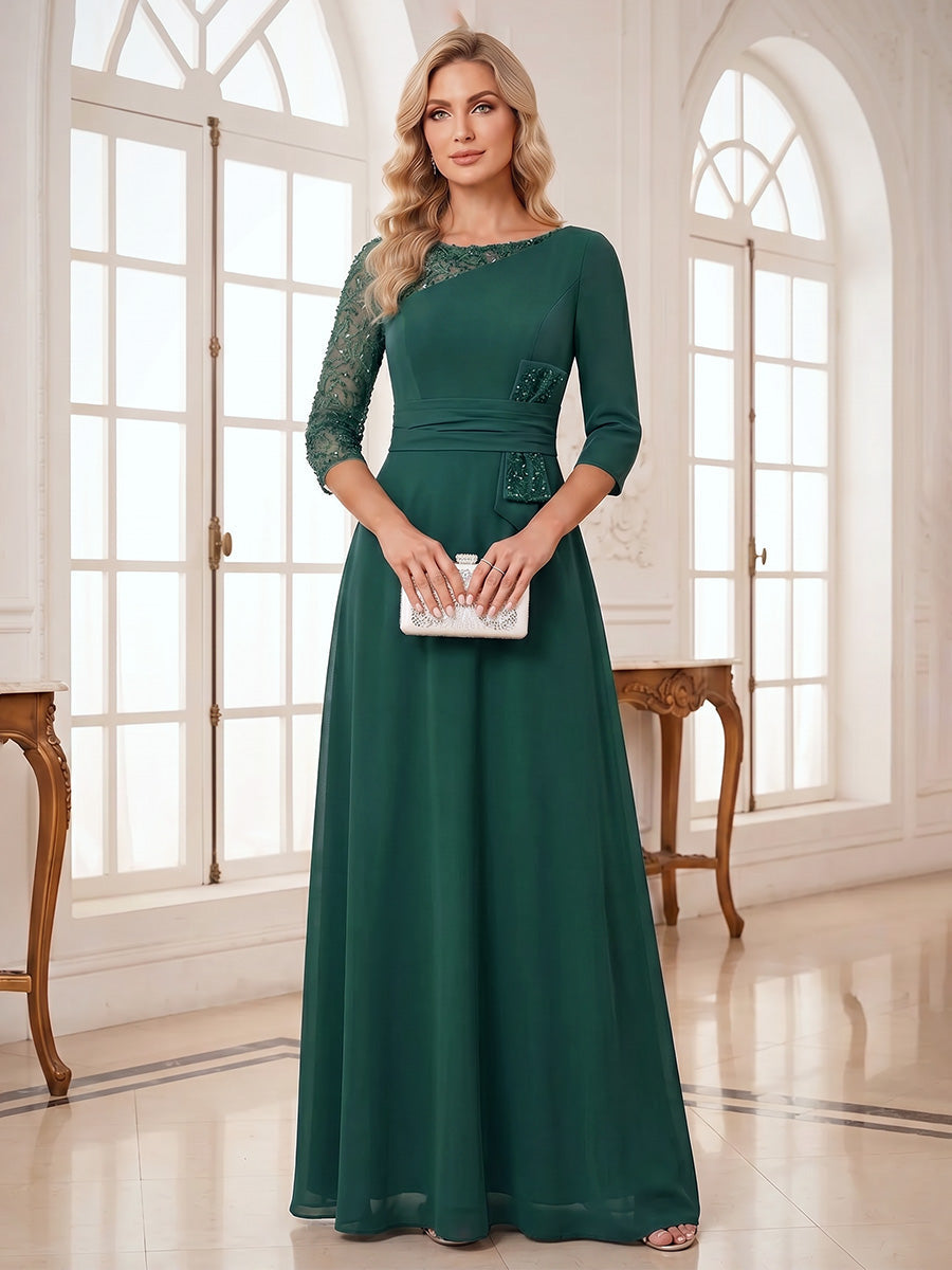 A-Line/Princess Scoop 3/4 Sleeves Floor-Length Mother of the Bride Dresses with Appliques & Beading