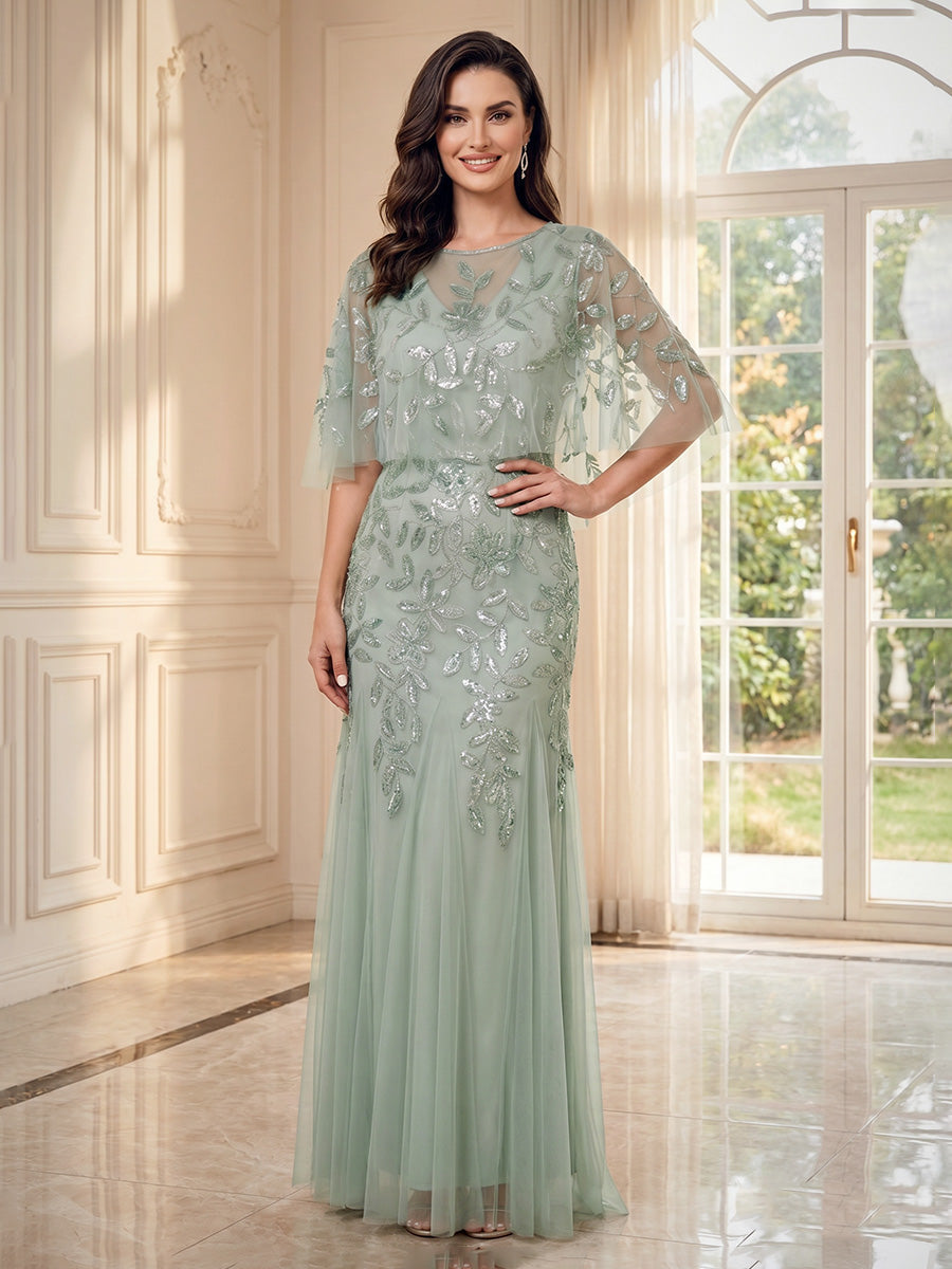Sheath Column Scoop Half Sleeves Floor-Length Mother of the Bride Dresses with Applique & Lace