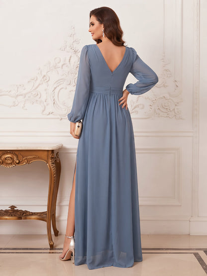 A-Line/Princess V-Neck Long-Sleeves Floor Length Mother of the Bride Dresses with Pleats & 3D Floral