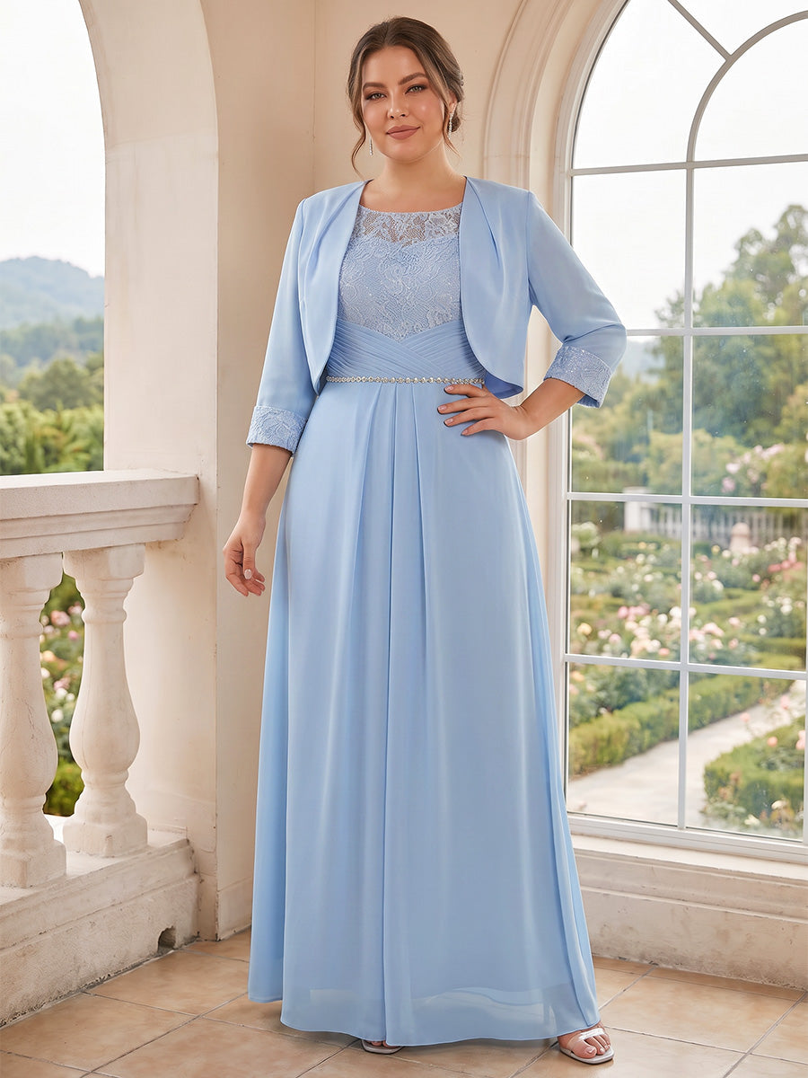 A-Line/Princess  Crew Neck 3/4 Sleeves  Chiffon  Floor-Length  Mother of the Bride Dresses  with Lace & Rhinestone