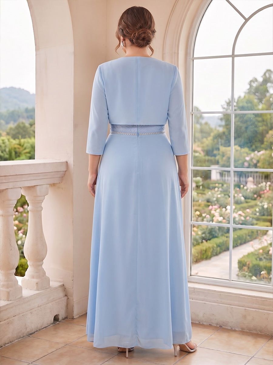 A-Line/Princess  Crew Neck 3/4 Sleeves  Chiffon  Floor-Length  Mother of the Bride Dresses  with Lace & Rhinestone