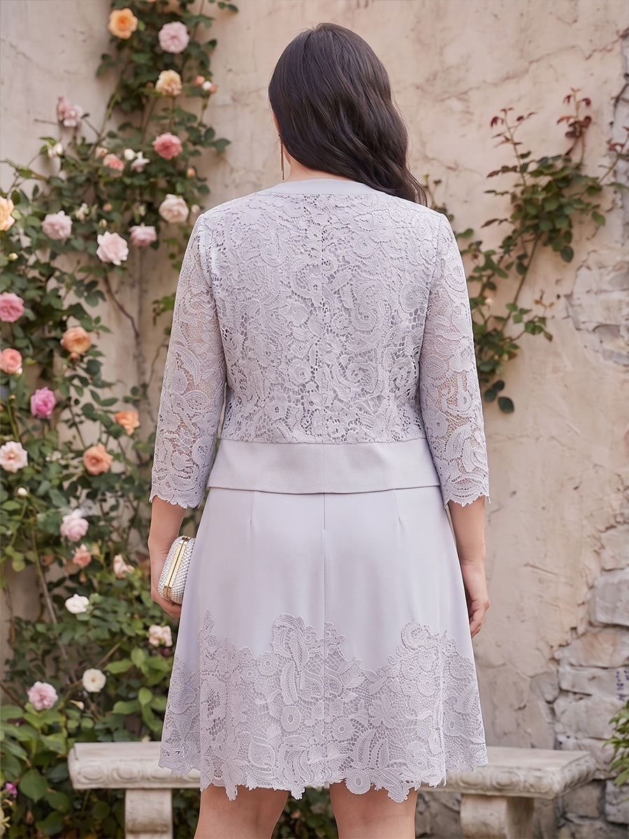 A-Line/Princess Crew Neck 3/4 Sleeves Satin Knee-Length Plus Size Mother of the Bride Dresses with Applique & Jacket