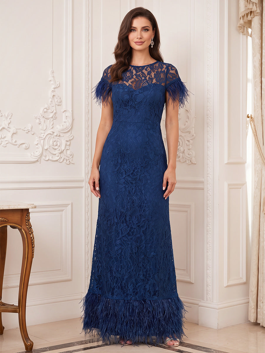 A-Line/Princess  Crew Neck Short Sleeves  Lace  Floor-Length  Mother of the Bride Dresses  with Lace & Feather