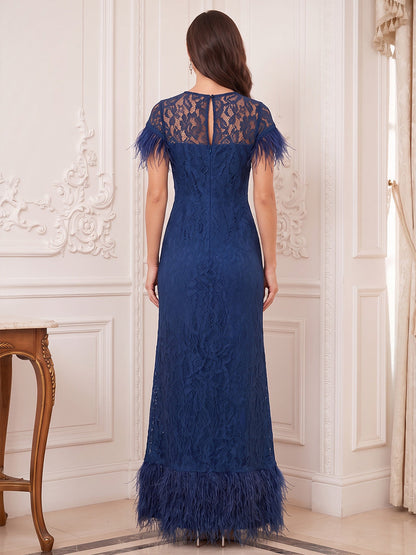 A-Line/Princess  Crew Neck Short Sleeves  Lace  Floor-Length  Mother of the Bride Dresses  with Lace & Feather