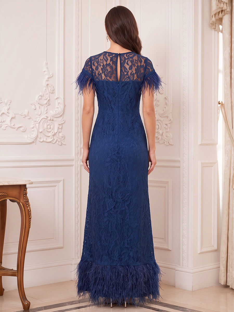 A-Line/Princess  Crew Neck Short Sleeves  Lace  Floor-Length  Mother of the Bride Dresses  with Lace & Feather