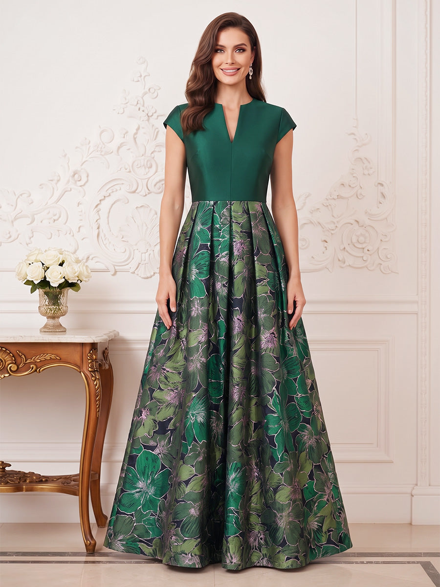 A-Line/Princess V-Neck Short Sleeves Satin Floor-Length Mother of the Bride Dresses with Floral Printed