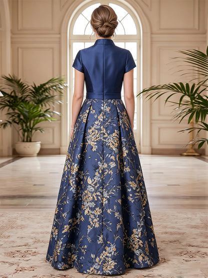 A-Line/Princess  V-Neck  Short Sleeves  Satin  Floor-Length  Mother of the Bride Dresses  with Floral Printed