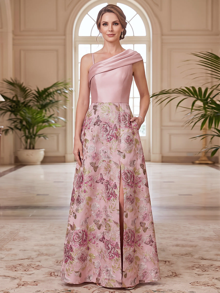 A-Line/Princess One-Shoulder Sleeveless Satin Floor-Length Mother of the Bride Dresses with Floral Printed & Split Side