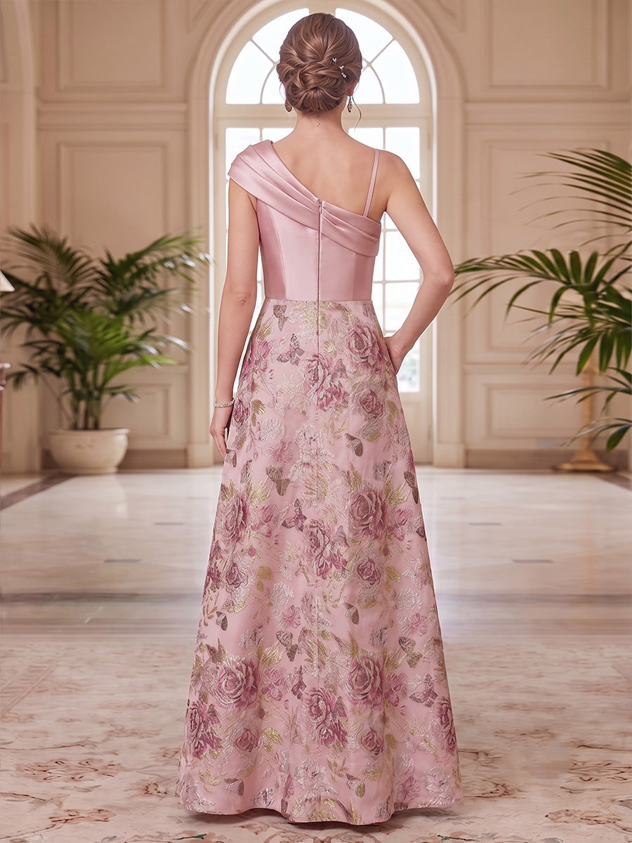 A-Line/Princess One-Shoulder Sleeveless Satin Floor-Length Mother of the Bride Dresses with Floral Printed & Split Side