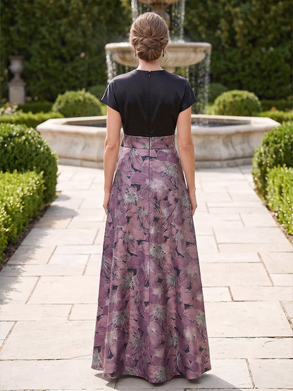 A-Line/Princess  V-Neck  Short Sleeves  Satin  Floor-Length  Mother of the Bride Dresses  with Floral Printed