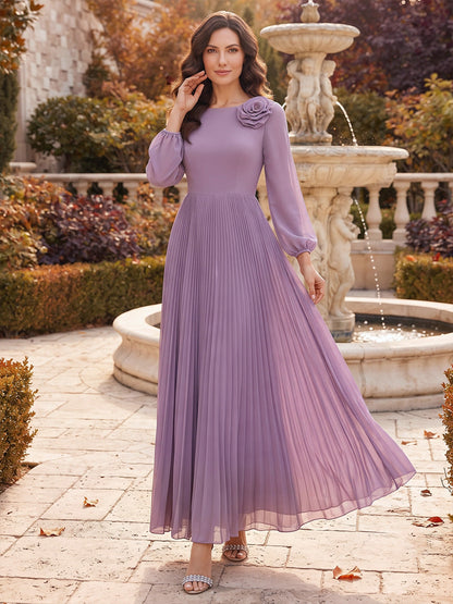 A-Line/Princess Scoop Long Sleeves Chiffon Ankle-Length Mother of the Bride Dresses with Pleats & 3D Flower