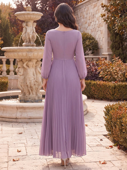 A-Line/Princess Scoop Long Sleeves Chiffon Ankle-Length Mother of the Bride Dresses with Pleats & 3D Flower