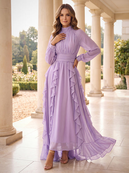 A-Line/Princess High Neck Long Sleeves Chiffon Ankle-Length Mother of the Bride Dresses with Pleats