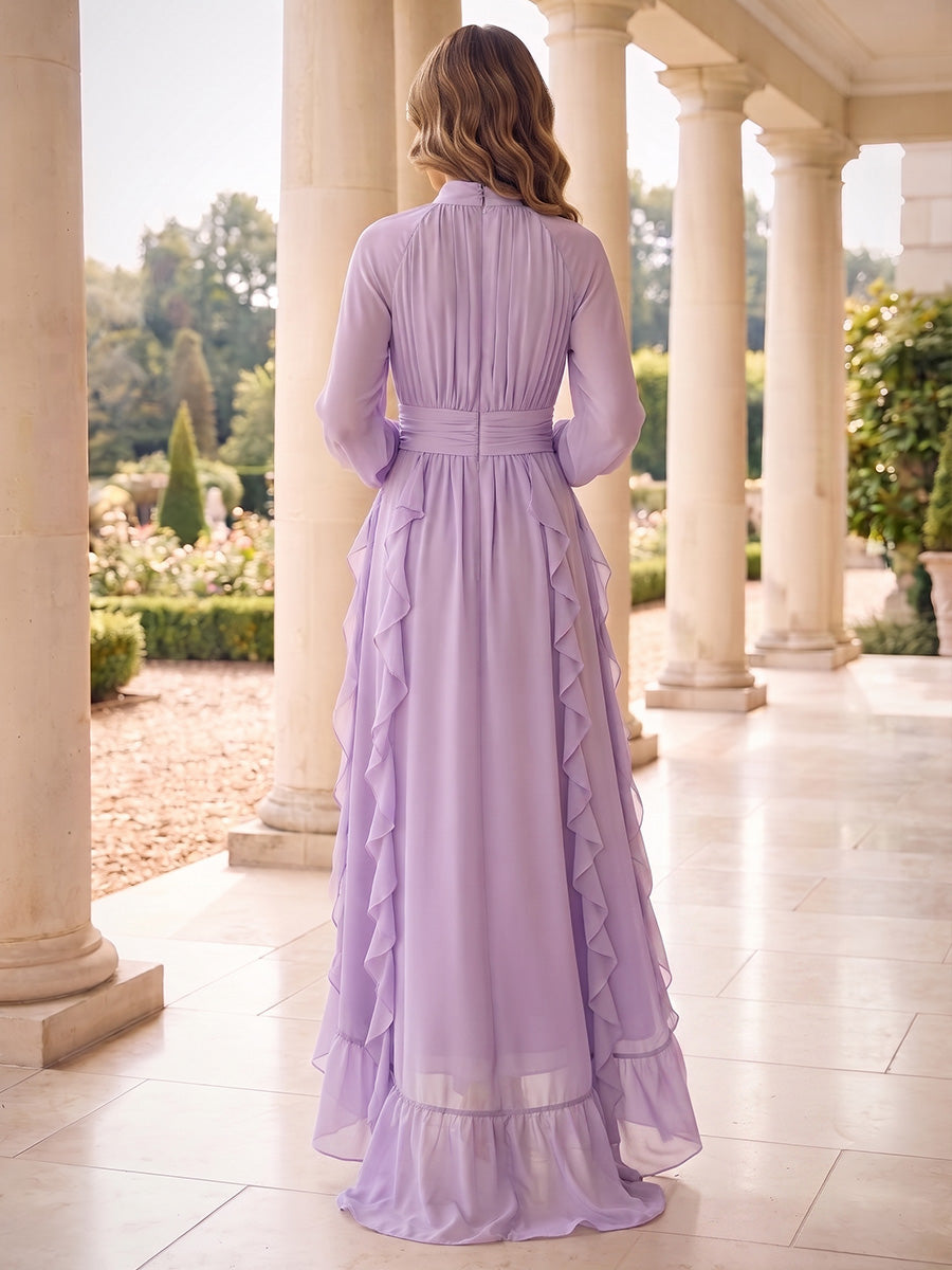 A-Line/Princess High Neck Long Sleeves Chiffon Ankle-Length Mother of the Bride Dresses with Pleats