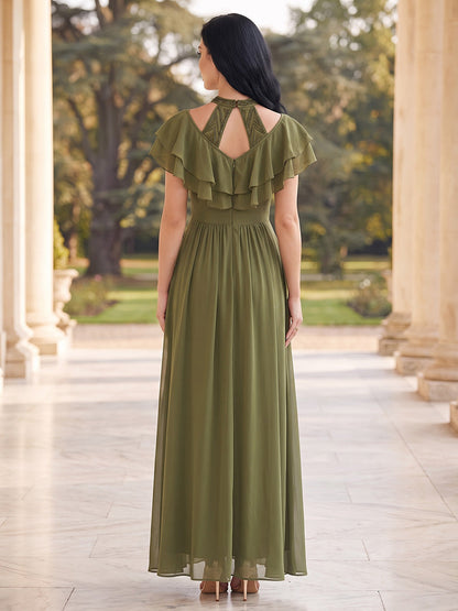 A-Line/Princess Halter Short Sleeves Chiffon Ankle-Length Mother of the Bride Dresses with Ruffles
