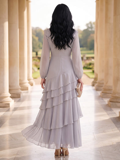 A-Line/Princess V-Neck Long Sleeves Chiffon Ankle-Length Mother of the Bride Dresses with Ruffles