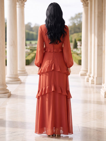 A-Line/Princess High Neck Long Sleeves Chiffon Floor-Length Mother of the Bride Dresses with Ruffles&Tiered