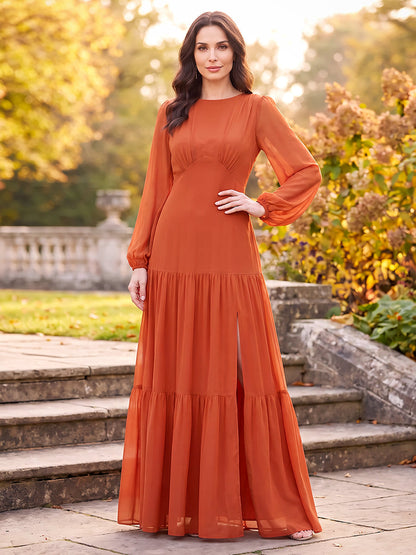 A-Line/Princess Scoop Long Sleeves Chiffon Floor-Length Mother of the Bride Dresses