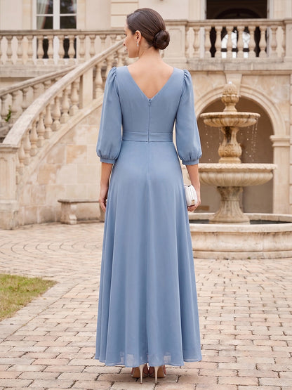 A-Line/Princess V-Neck Half Sleeves Chiffon Ankle-Length Mother of the Bride Dresses with 3D Flower