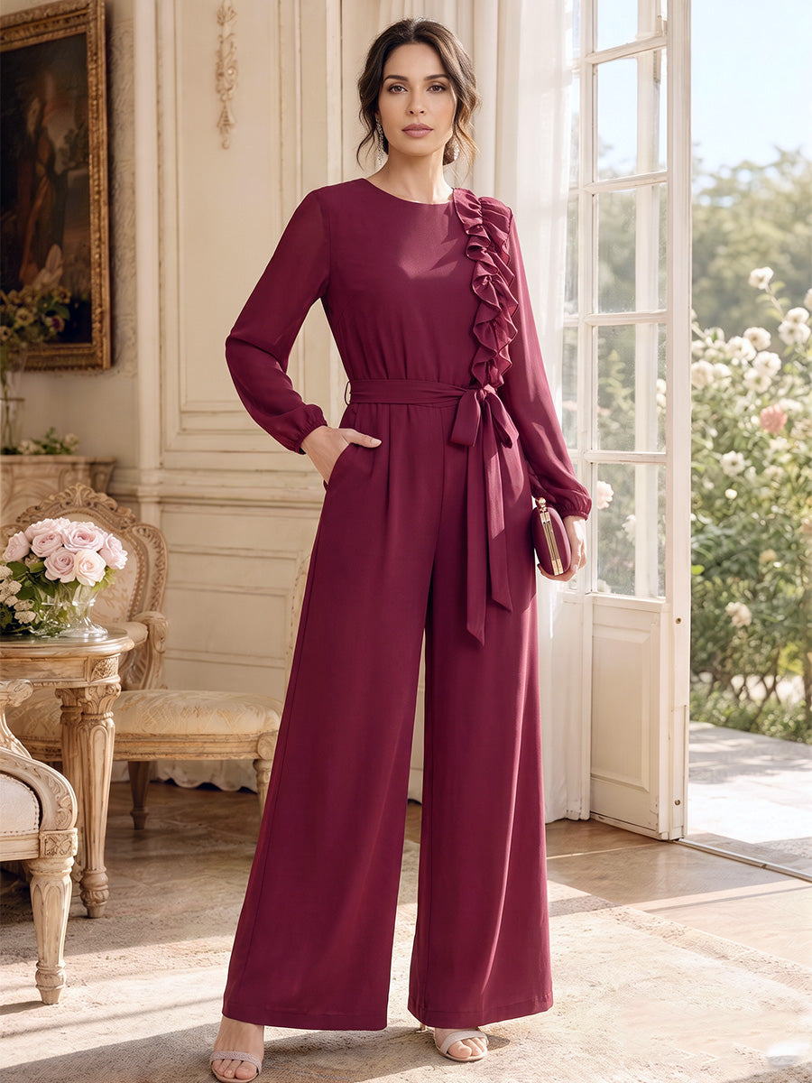 Jumpsuits Scoop Long Sleeves Chiffon Ankle-Length Mother of the Bride Dresses with Ruffles