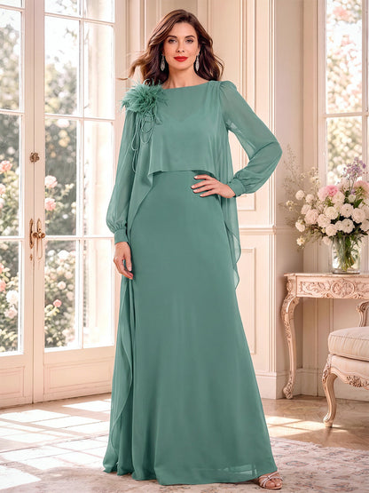 A-Line/Princess Scoop Long Sleeves Chiffon Floor-Length Mother of the Bride Dresses with Feather & 3D Flower