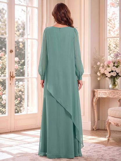 A-Line/Princess Scoop Long Sleeves Chiffon Floor-Length Mother of the Bride Dresses with Feather & 3D Flower