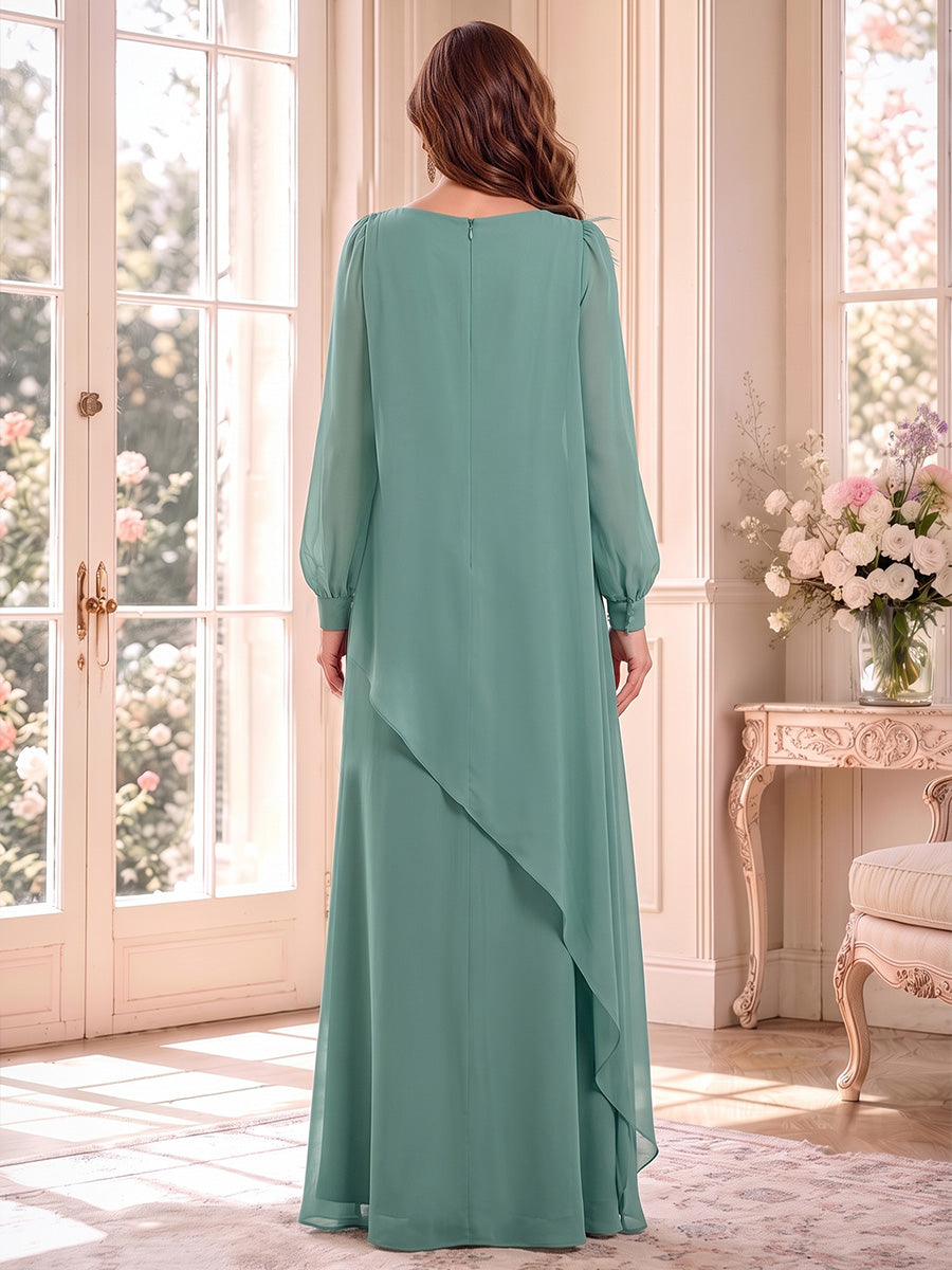 A-Line/Princess Scoop Long Sleeves Chiffon Floor-Length Mother of the Bride Dresses with Feather & 3D Flower