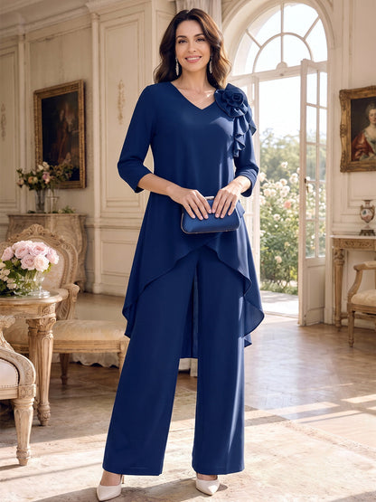 Jumpsuits V-Neck 3/4 Sleeves Stretch Satin Ankle-Length Mother of the Bride Dresses with 3D Flower & Ruffles