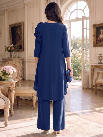 Jumpsuits V-Neck 3/4 Sleeves Stretch Satin Ankle-Length Mother of the Bride Dresses with 3D Flower & Ruffles