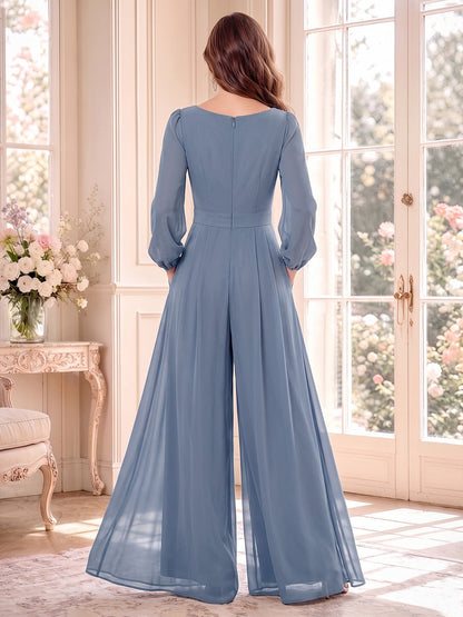 Jumpsuits Crew Neck Long Sleeves Chiffon Ankle-Length Mother of the Bride Dresses with Pockets