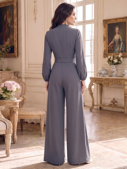 Jumpsuits  V-Neck  Long Sleeves  Stretch Satin  Floor-Length  Mother of the Bride Dresses  with Belt