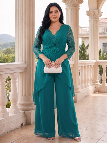 Jumpsuits V-Neck 3/4 Sleeves Chiffon Ankle-Length Plus Size Mother of the Bride Dresses with Lace
