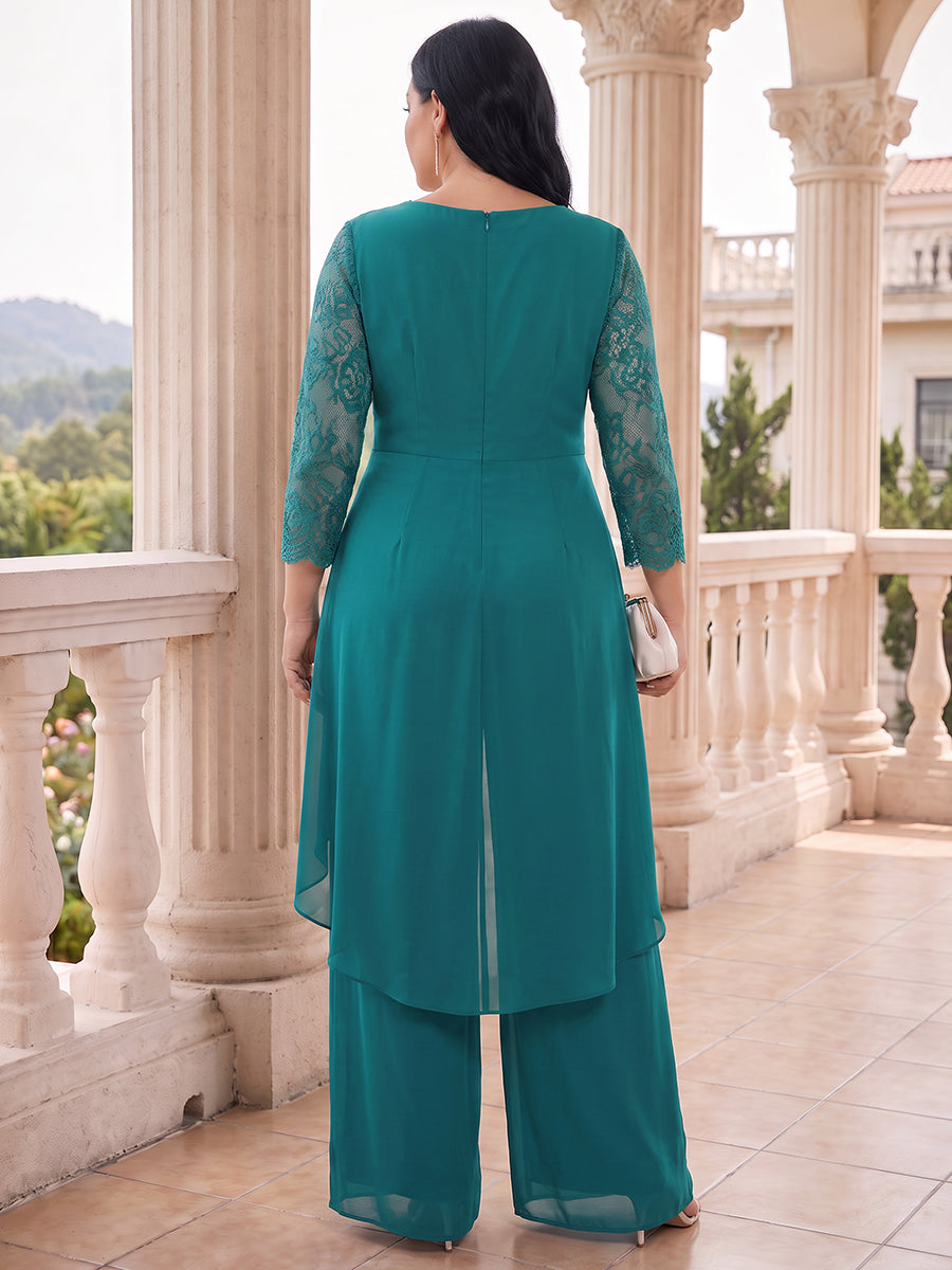 Jumpsuits V-Neck 3/4 Sleeves Chiffon Ankle-Length Plus Size Mother of the Bride Dresses with Lace