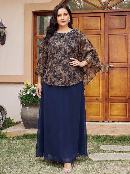 A-Line/Princess Scoop Half Sleeves Jacquard Ankle-Length Plus Size Mother of the Bride Dresses with Beading