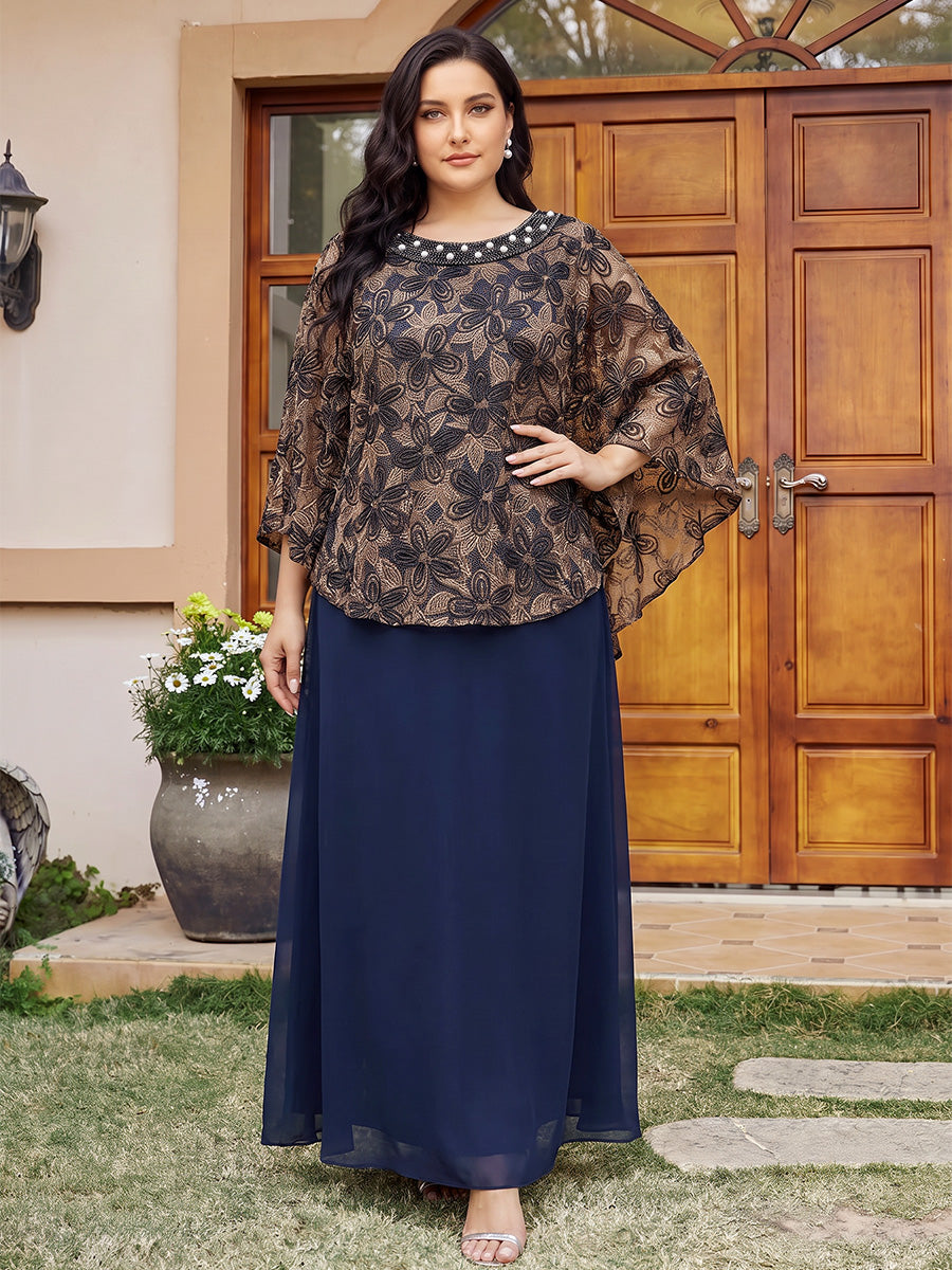 A-Line/Princess Scoop Half Sleeves Jacquard Ankle-Length Plus Size Mother of the Bride Dresses with Beading