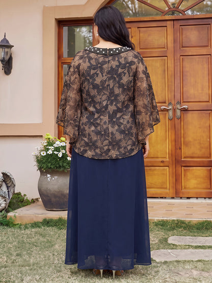 A-Line/Princess Scoop Half Sleeves Jacquard Ankle-Length Plus Size Mother of the Bride Dresses with Beading