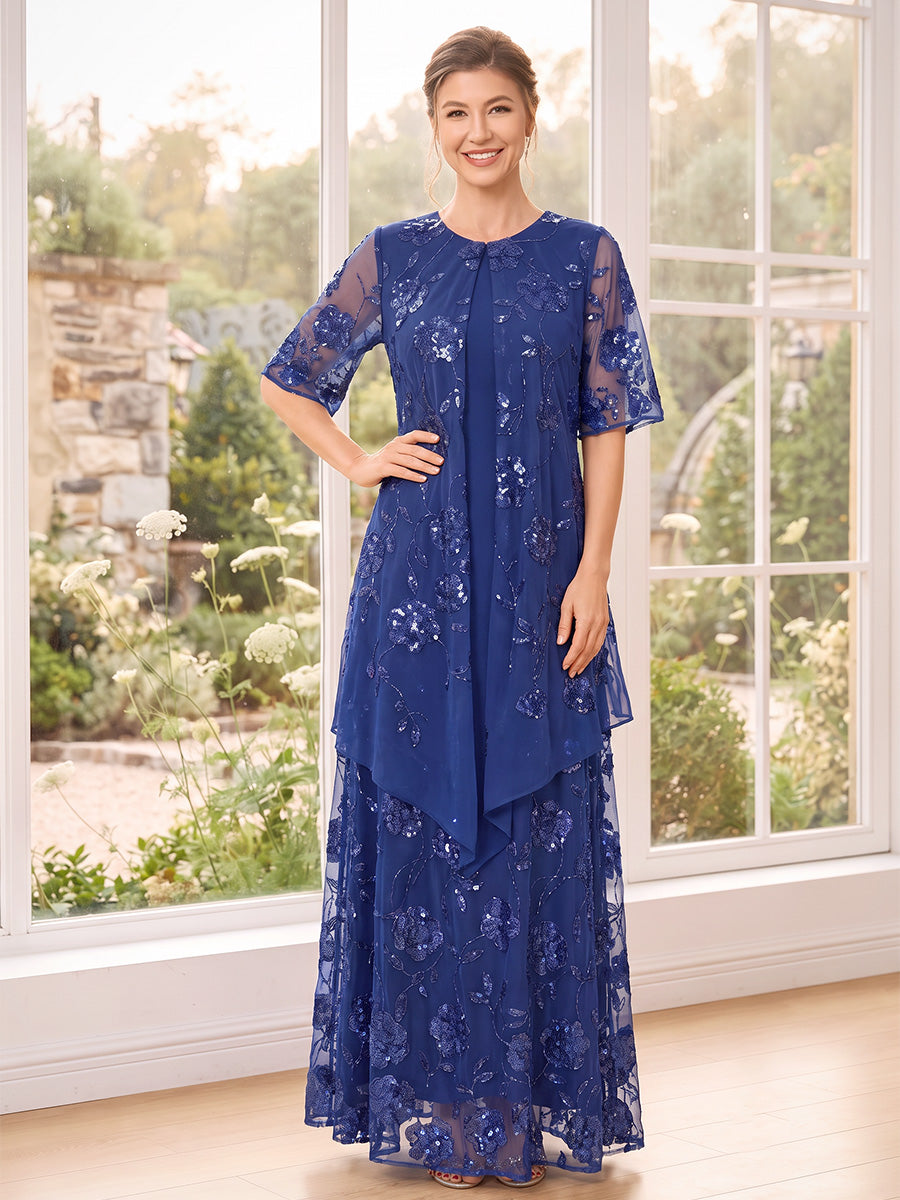 A-Line/Princess Scoop Half Sleeves  Floor-Length Mother of the Bride Dresses with Sequins & Appliques