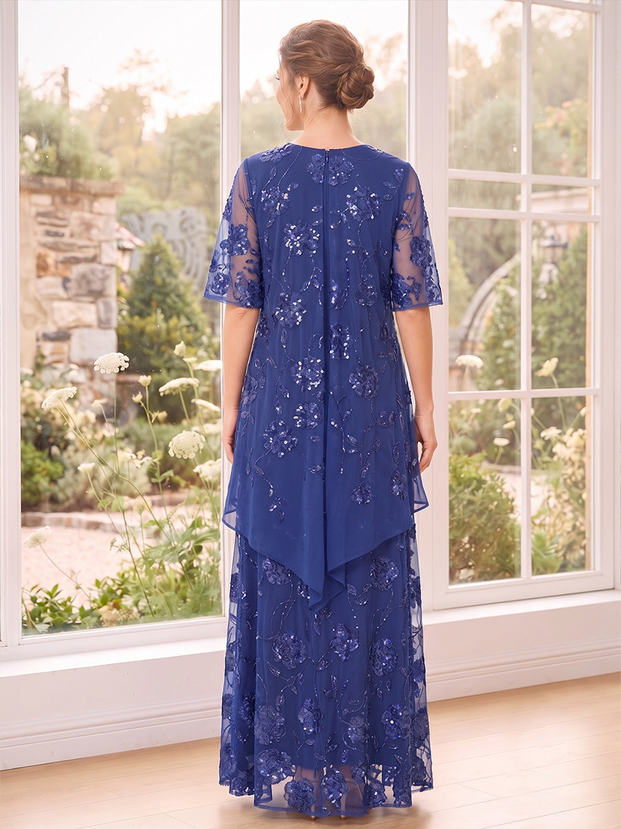 A-Line/Princess Scoop Half Sleeves  Floor-Length Mother of the Bride Dresses with Sequins & Appliques