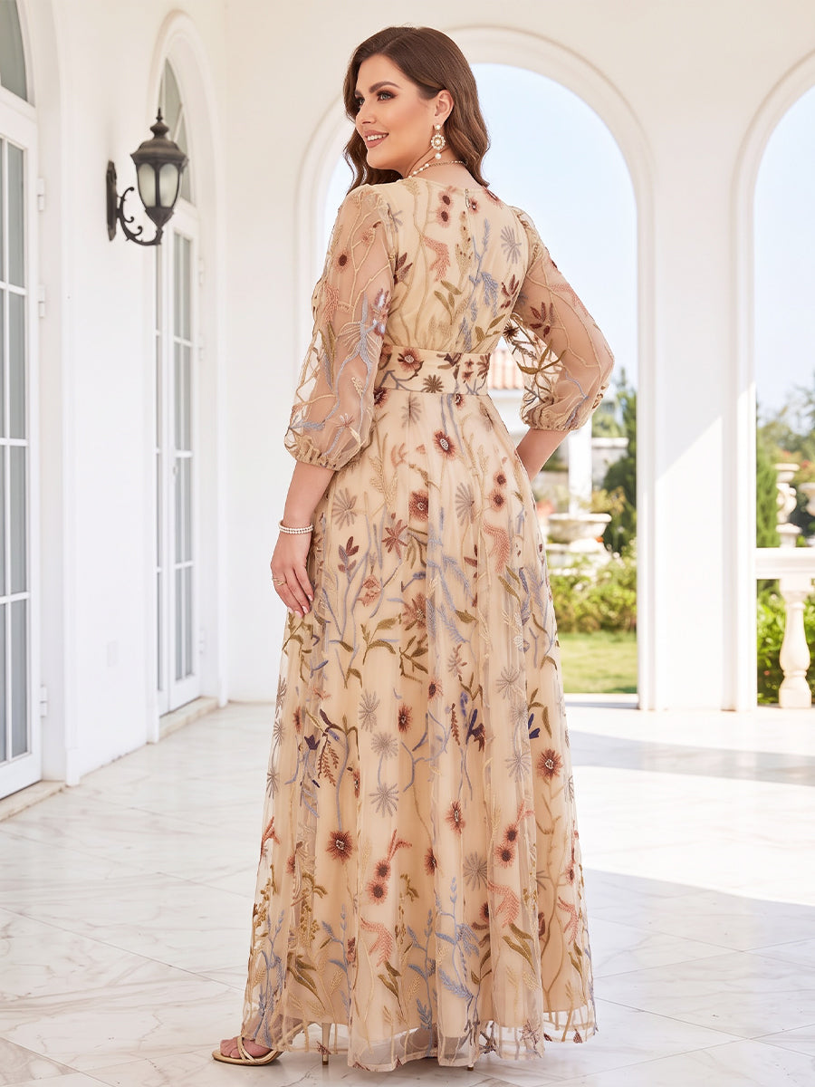 A-Line/Princess Scoop 3/4 Sleeves Tulle Floor-Length Plus Size Mother of the Bride Dresses with Embroidery