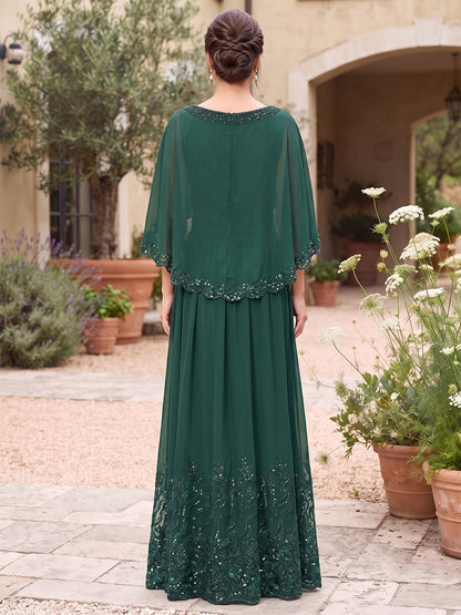 A-Line/Princess Scoop Half Sleeves Chiffon Floor-Length Mother of the Bride Dresses with Sequins & Appliques