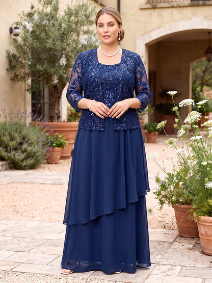 A-Line/Princess Scoop 3/4 Sleeves Chiffon Floor-Length Plus Size Mother of the Bride Dresses with Sequins & Tiered