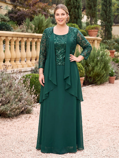 A-Line/Princess Scoop 3/4 Sleeves Chiffon Floor-Length Plus Size Mother of the Bride Dresses with Applique & Jacket