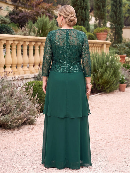 A-Line/Princess Scoop 3/4 Sleeves Chiffon Floor-Length Plus Size Mother of the Bride Dresses with Applique & Jacket